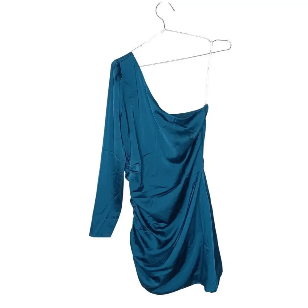 New without Tags Lulus Emerald Satin Ruched One-Shoulder Mini Dress SZ L - Picture 3 of 14